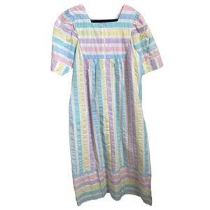 Styled by Saybury Pastel Rainbow Stripe Seersucker House Dress Maxi Pockets L